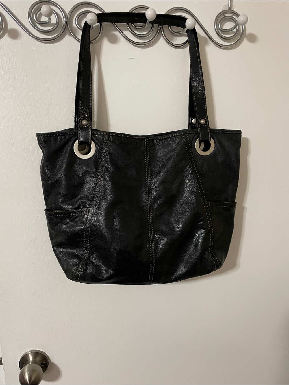Vintage Fossil Grey/Black Leather Tote